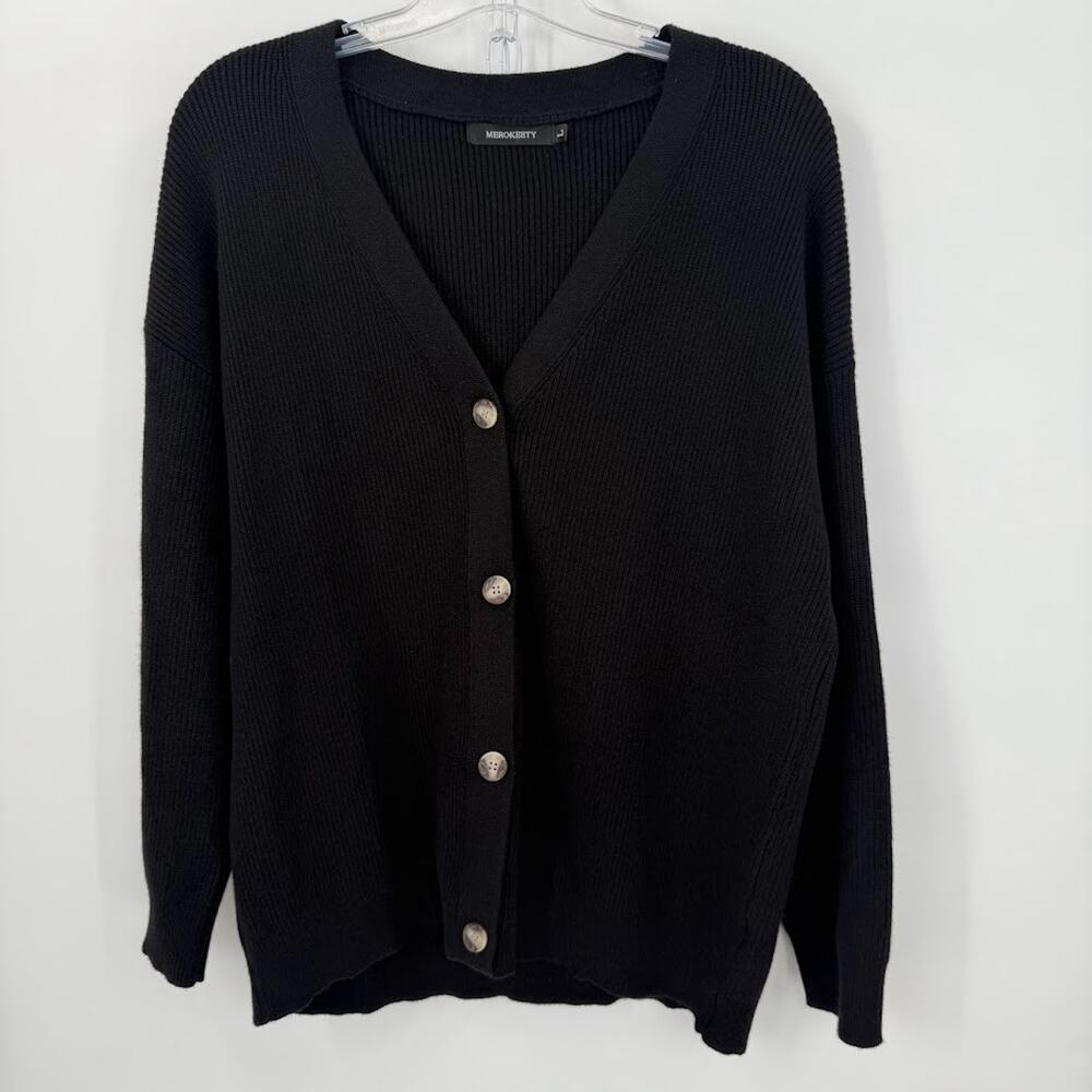 MEROKEETY Black Button Front Cardigan Sweater Women’s L Viscose Blend